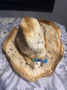 Source Unknown Straw Cowboy Hat with Blue Bead Accent